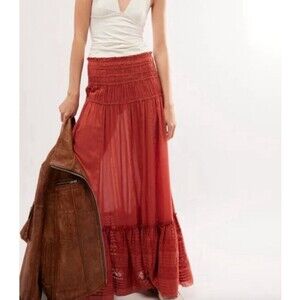 Free People Fp One Maxi Skirt Women Preppy Boho Embroidered Raw Edges Sz XS New